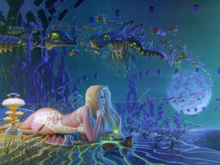 Woman forest monsters mushrooms laying - the ground in front free wallpaper