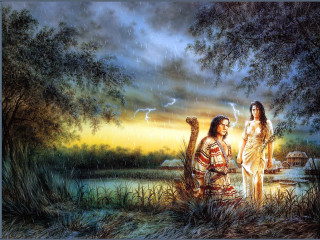 Native americans rain lake harp - western comic book art free wallpaper