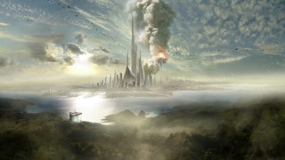 City smoke towers river painting - a river below free wallpaper