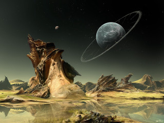 Planet ring lake mountain space - a lake in the foreground free wallpaper