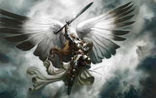 Woman sword wings cloudy day - epic fantasy character art free wallpaper