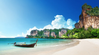 Boat beach water mountains background - a matte painting free wallpaper for desktop