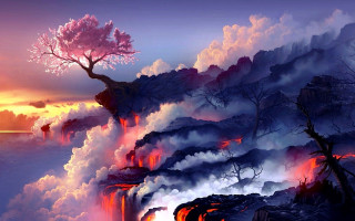 Volcano lava trees sunset painting - matte fantasy painting free wallpaper