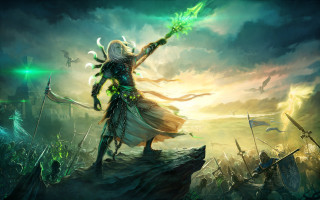 Woman green sword rock field - aleksi briclot free wallpaper