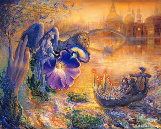 Woman bird boat river city 2 - kinkade free wallpaper