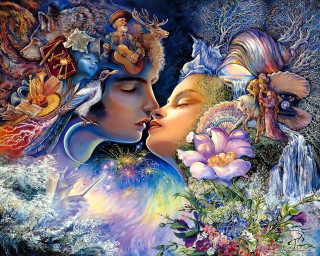 Kissing couple floral background waterfall - two person free wallpaper