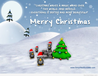 Merry christmas penguins tree snow - full free wallpaper