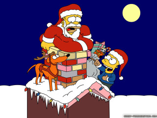 Cartoon santa chimney reindeers presents - naive art free wallpaper
