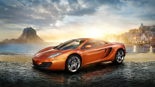 Car cobblestone road ocean city - matte drawing free wallpaper