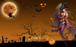 Witch pumpkin fullmoon bats graveyard - full free wallpaper