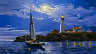 Sailboat lighthouse night fullmoon water - kinkade free wallpaper