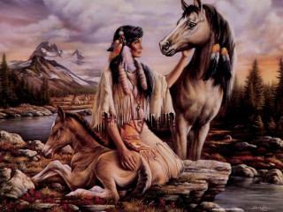 Native american woman horse river - fine free wallpaper