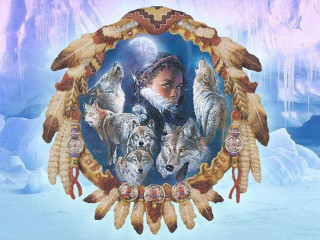 Woman wolves ice icicles painting - a frame free wallpaper