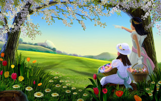 Girls picking flowers basket field 2 - nearby free wallpaper