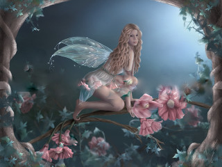 Fairy branch flowers moon background - a fairy free wallpaper