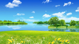 Beautiful green landscape lake trees 4 - a painting free wallpaper