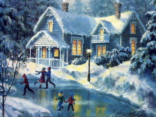 Family skating snow night house - an oil painting free wallpaper