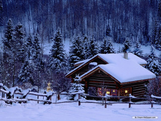 Cabin in the woods snow 3 - roof free wallpaper
