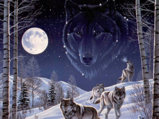 Three wolves snow full moon - full moon free wallpaper