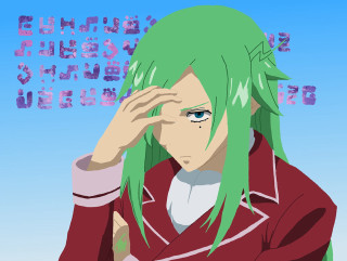 Green hair red jacket character - a blue sky behind them free wallpaper