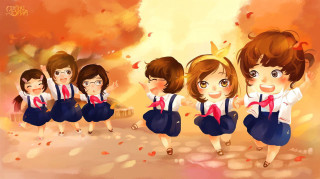 Girls school uniforms autumn leaves 3 - a group of girls free wallpaper