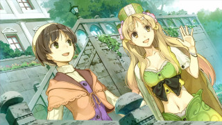 Anime characters building gate clock - official art free wallpaper for desktop