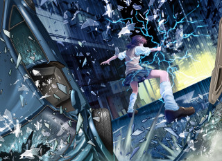 Girl running clock tower rain - a lightning bolt in the background free wallpaper