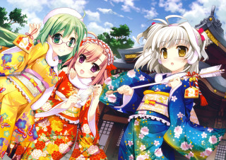 Anime girls colorful outfits building - official free wallpaper for desktop