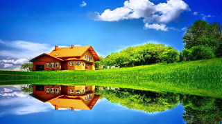Lake reflection house greenfield trees - the water of a lake free wallpaper