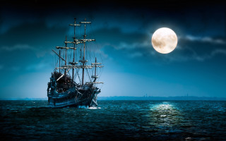 Ship ocean full moon sky 4 - dark atmosphere free wallpaper
