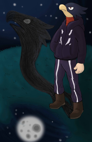 Cartoon man bird hill night - adam manyoki free wallpaper