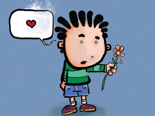 Boy holding flower thought bubble - a cartoon free wallpaper