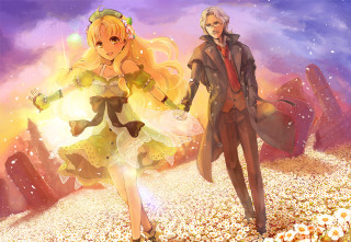 Couple people field flowers standing - a sky free wallpaper