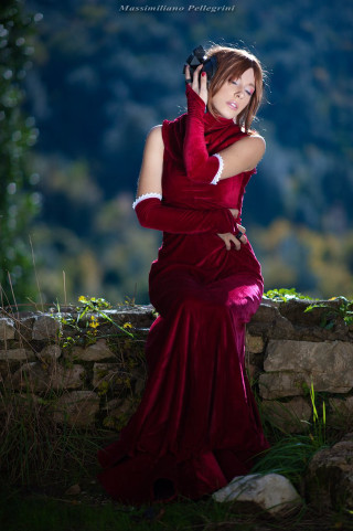 Woman red dress posing hands 3 - her shoulder free wallpaper