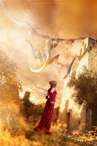 Woman red dress flying kite - fantasy art free wallpaper