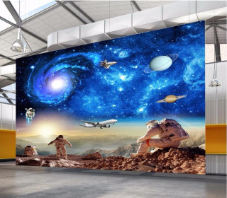 Space mural man dog shuttle - public works mural free wallpaper