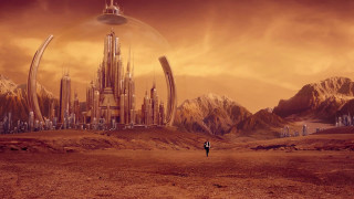 Man desert futuristic city mountains - a man in the foreground free wallpaper