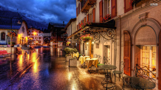 Rainy street tables chairs clock 2 - table free wallpaper