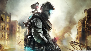 Futuristic man suit gun city 7 - game art free wallpaper