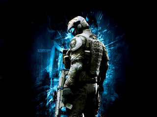 Futuristic man suit gun helmet 3 - his hand and a helmet free wallpaper