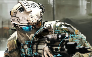 Futuristic man suit gun aiming - cybernetic free wallpaper