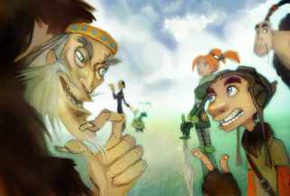 Cartoon group people sky background - 2 d game art free wallpaper