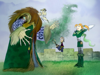 Cartoon woman dragon man green - a green dress holding free wallpaper