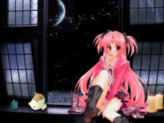 Girl window sill cat moon - a window sill free wallpaper