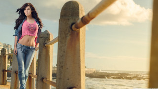 Woman pier ocean pink shirt 2 - a pink shirt free wallpaper