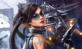 Woman gun futuristic city plane - a futuristic city free wallpaper