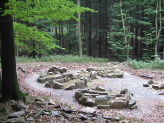 Circle rocks forest trees path - panoramic free wallpaper for desktop