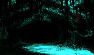 Dark forest stream tree trunk - bioluminescence free wallpaper