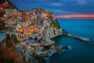 Village cliff ocean dusk colorful - evgeny lushpin free wallpaper