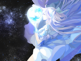 Woman longhair bluedress looking stars - the star free wallpaper